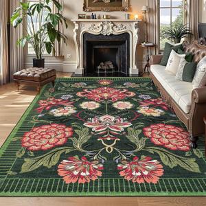 GarveeHome Forest Green Floral Botanical Washable 8x10 Rug for Living Room Soft Vintage Boho Cottage Large Rugs Low-Pile Carpet for Bedroom Dining Nursery Rug