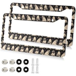 ALAZA Cute Pug Dog Print Animal Heart License Plate Frames for Women Men 2 pcs Personalized Car License Plate Holder with Screw Caps, Round Hole