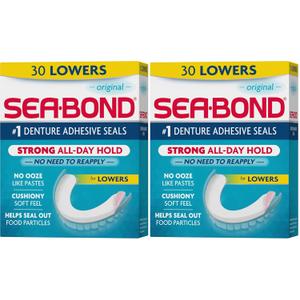 Sea Bond Secure Denture Adhesive Seals, Original Lowers, Zinc-Free, All-Day-Hold, Mess-Free, 30 Count (Pack of 2, White)