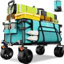 Navatiee Big Wheels Collapsible Wagon Cart Foldable, Heavy Duty Beach Wagon with Silent All-Terrain Wheels, Folding Utility Grocery Cart with Side Pocket and Brakes for Camping Garden Sports, Blue
