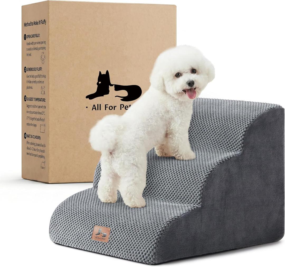 Dog Stairs for Small Dogs 13.5” H, 3 Step Dog ramp for Bed, Grey