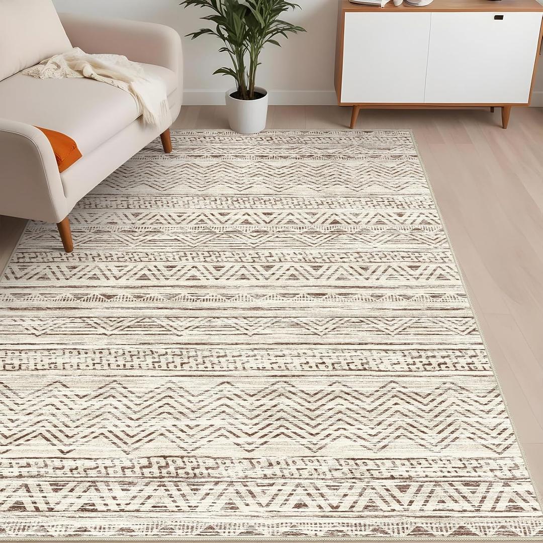 3x5 Washable Moroccan Area Rug: Soft Boho Non-Slip Geometric Rugs for Entryway Neutral Stain Resistant Indoor Floor Carpet for Bedroom Modern Farmhouse Carpets for Living Room Kitchen Beige/White (3'x5')
