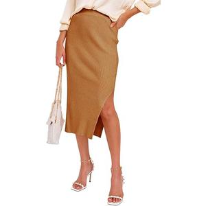 Forever 21 Women's Stretch Ribbed Knit Pencil Skirt Midi Length Office Work Bodycon Style Beige S