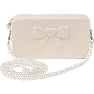 Mao'er Heart-Shaped Bows Pearl Shoulder Bags, Crossbody Purses, Clutches, Makeup Organizers for Everyday Essentials (Almost Mauve)