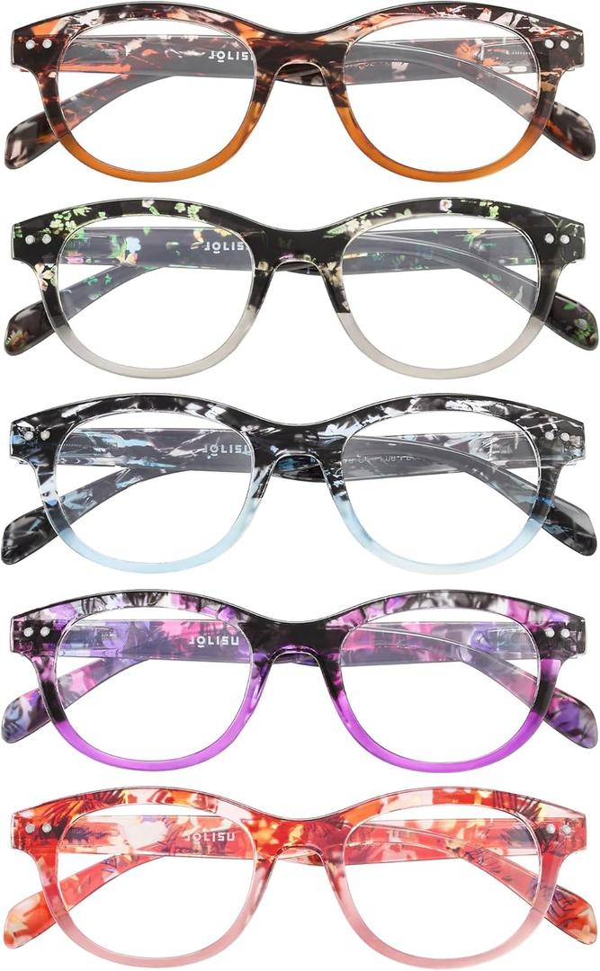 OLISU 5 Pack Reading Glasses for Women and Men, Light Weight Eyeglasses with Spring Hinge, Blue Light Blocking Readers-2.00
