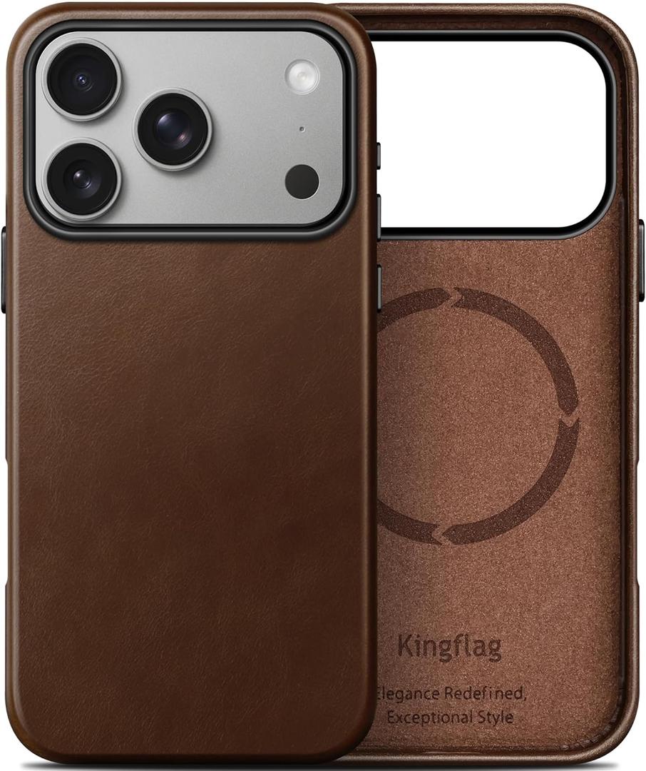 Genuine Leather Case for iPhone 17 Pro Max 6.9 inch, Oil Wax Full-Grain Leather, Compatible with MagSafe, Metal Buttons and Camera Bezel (Rustic Brown)