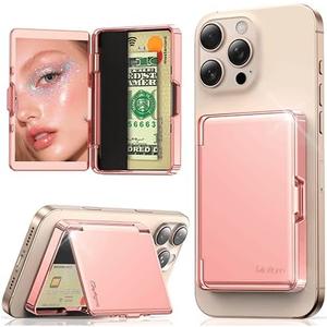Meifigno Compatible with Mag-Safe Phone Wallet with Mirror & Kickstand, Strong Magnetic Card Holder (3-4 Cards & Cash) Compatible with iPhone 17/16/15/14/13/12 Series, Metal Plating Glossy, Rose Gold