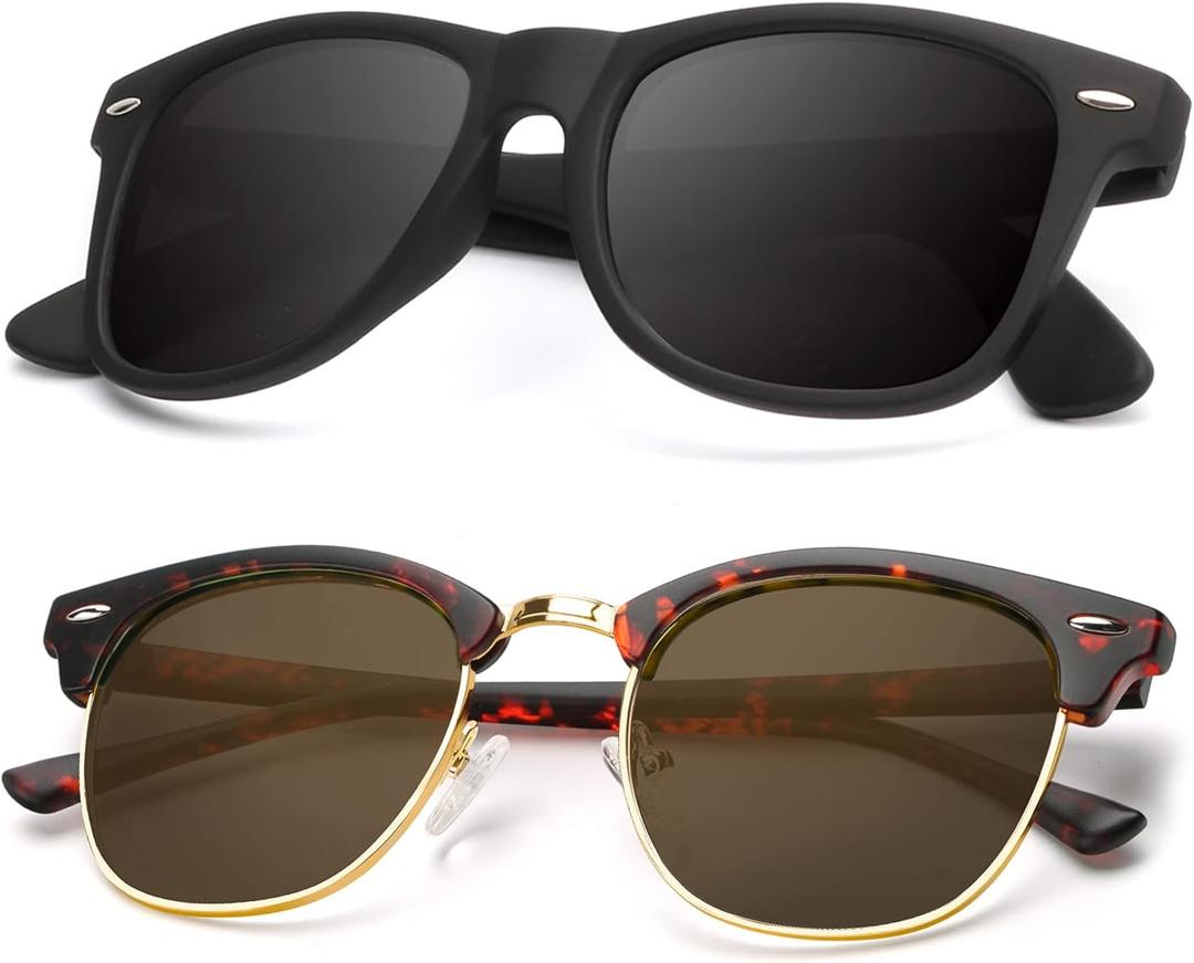KALIYADI Polarized Sunglasses for Men and Women Semi-Rimless Frame Driving Sun glasses UV Blocking (B12-(2 Pack) Matte Tortoise | Brown | Golden Rim / Matte Black)