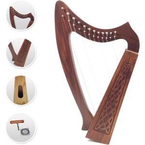 12 Strings Harp Irish Celtic Highland Solid Rosewood Naturl shape Nylon Lever Tuning Key Extra Set included 18" inches tall Roseback