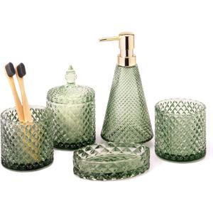 EMPO 5Pcs Diamond Glass Bathroom Accessories Complete Set, Triangle Vintage Lotion Dispenser, Soap Dish, Toothbrush Holder, Tumbler, Cotton Swab Jars, Modern Decor, Housewarming Gift Set (Oliva Green)