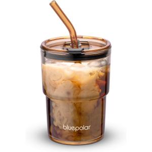 BLUEPOLAR 13oz/400ml Glass Water Tumbler with Straw and Lid Sealed Carry On Thick Wall Iced Coffee Cup Glass Cup for Water, Iced Tea Fruit Juice Etc (Amber