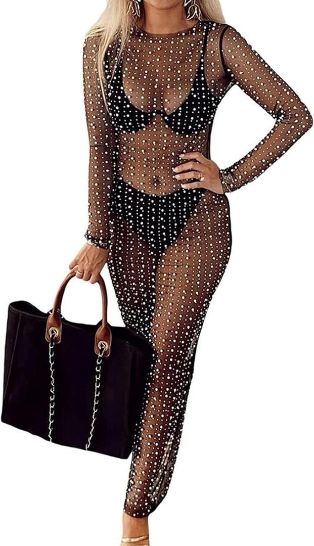 Willow Dance Women's Sheer Mesh Pearl Rhinestone Cover Up Beach Dress Swimwear Bikini Swimsuit Bathing Suit Coverups (Black) Medium