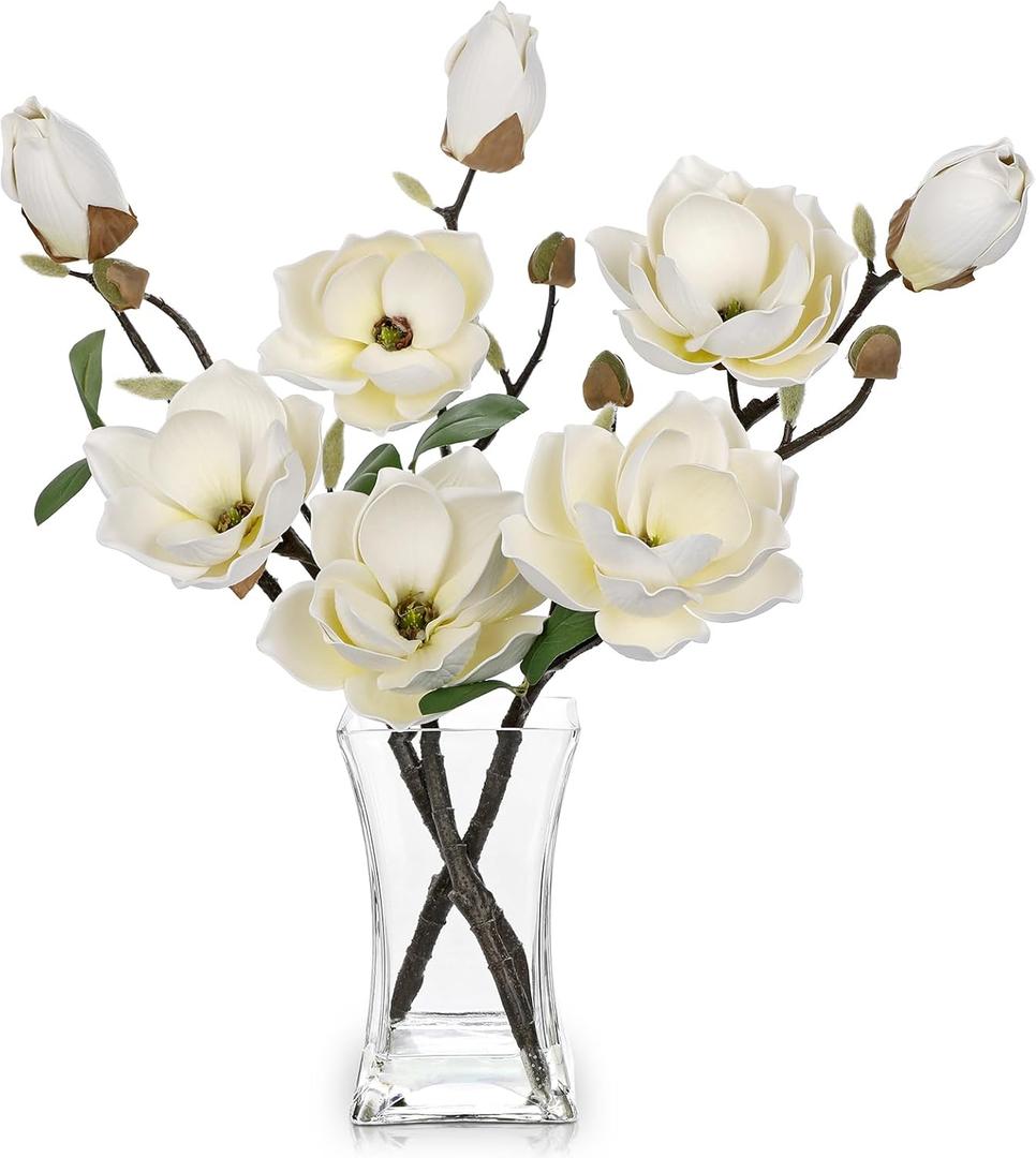 Briful Artificial Magnolia Flower Arrangement with Glass Vase, 18.5in White Faux Magnolia Flowers Fake Floral Centerpiece for Eleglant Home Office Room Table Shelf Dcor