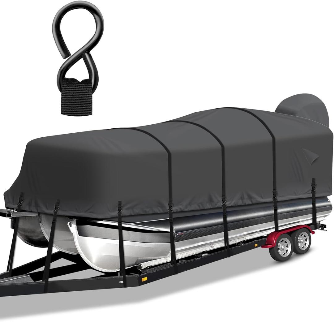 Pontoon Boat Cover, Heavy Duty 1200D Waterproof Pontoon Cover with Motor Cover and Windproof Adjustable Metal Buckle, 21-24 ft, Black (Length: 21'-24' Beam Width: up to 102")