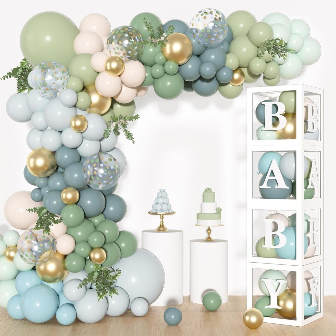 153Pcs Dusty Blue Green Balloons Baby Shower Decorations, Haze Fog Blue Mist Sage Green Balloon Arch Kit Baby Boxes with Letters (A-Z+Baby) for Baby Shower Boho Birthday Gender Reveal Party Supplies