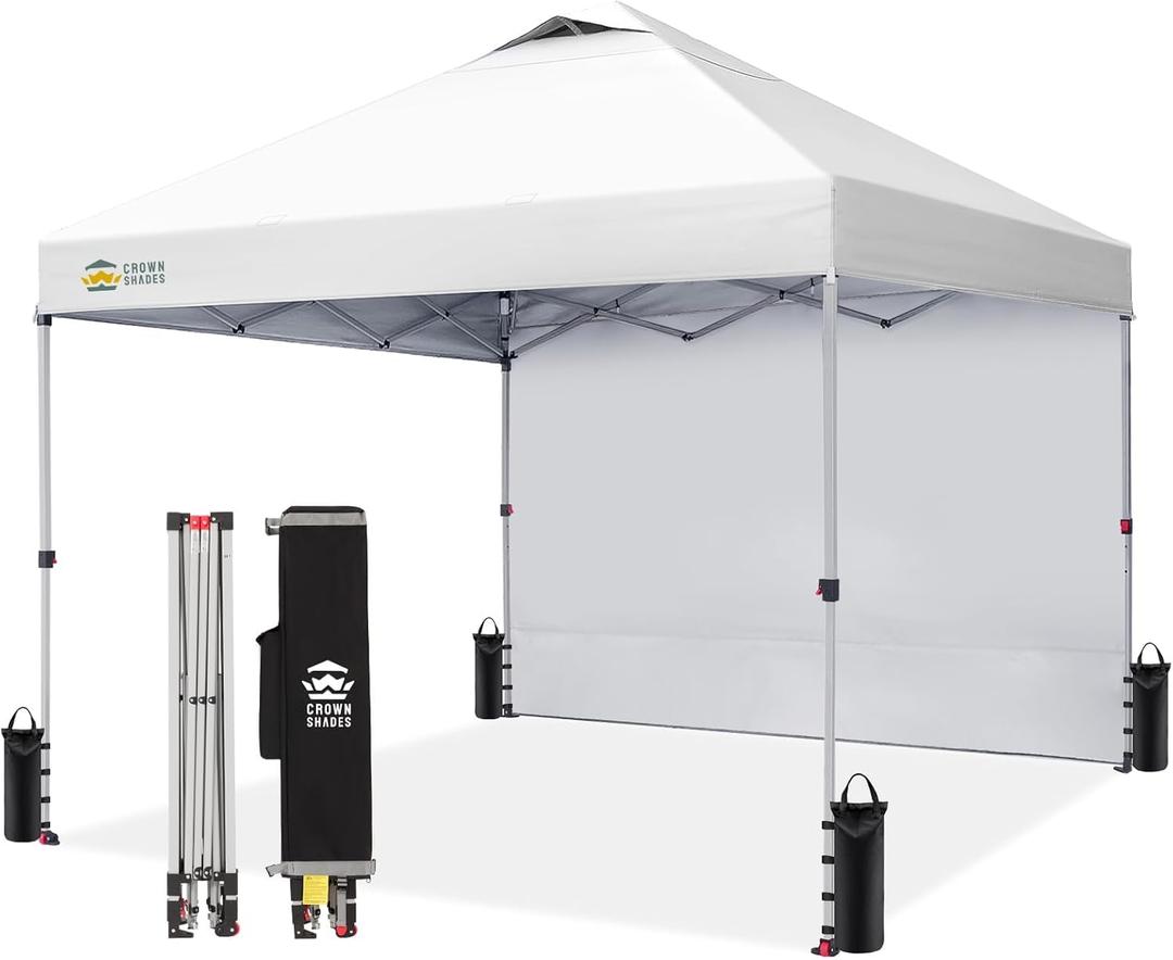 CROWN SHADES 10x10 Pop Up Canopy with 1 Side Wall, Beach Canopy Tent, White
One Push Setup Shelter, Outdoor Gazebo & Sun Shade for Events, Parties, Camping, 150D Silver-Coated Fabric, STO-N-Go Bag