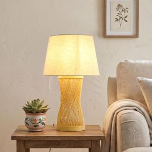 Boho Table Lamp, 17" Bamboo Bedside Lamp for Living Room