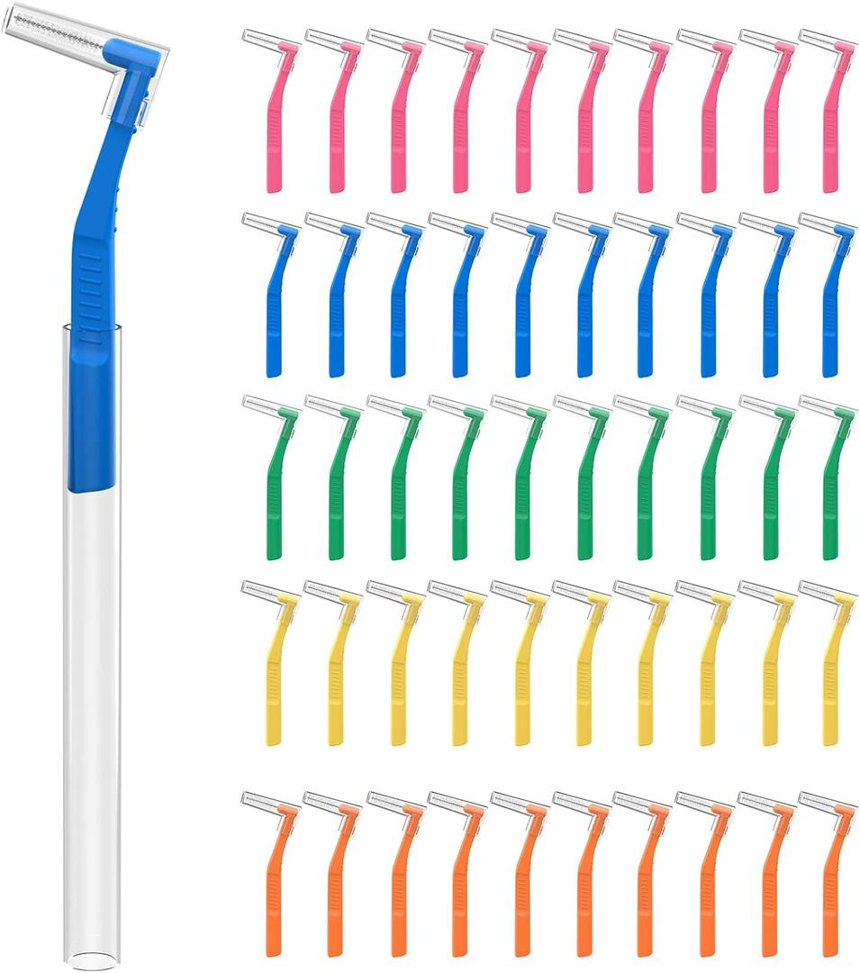 Fremouth 50 Angle Interdental Brushes with Extended Handle for Braces, 5 Sizes, Extra Tight(0.6mm), Tight(0.7mm), Medium(0.8mm), Wide(1.0mm,1.2mm), L- Shaped Interproximal Floss for Dental Health (Blue,green,pink,orange,yellow)