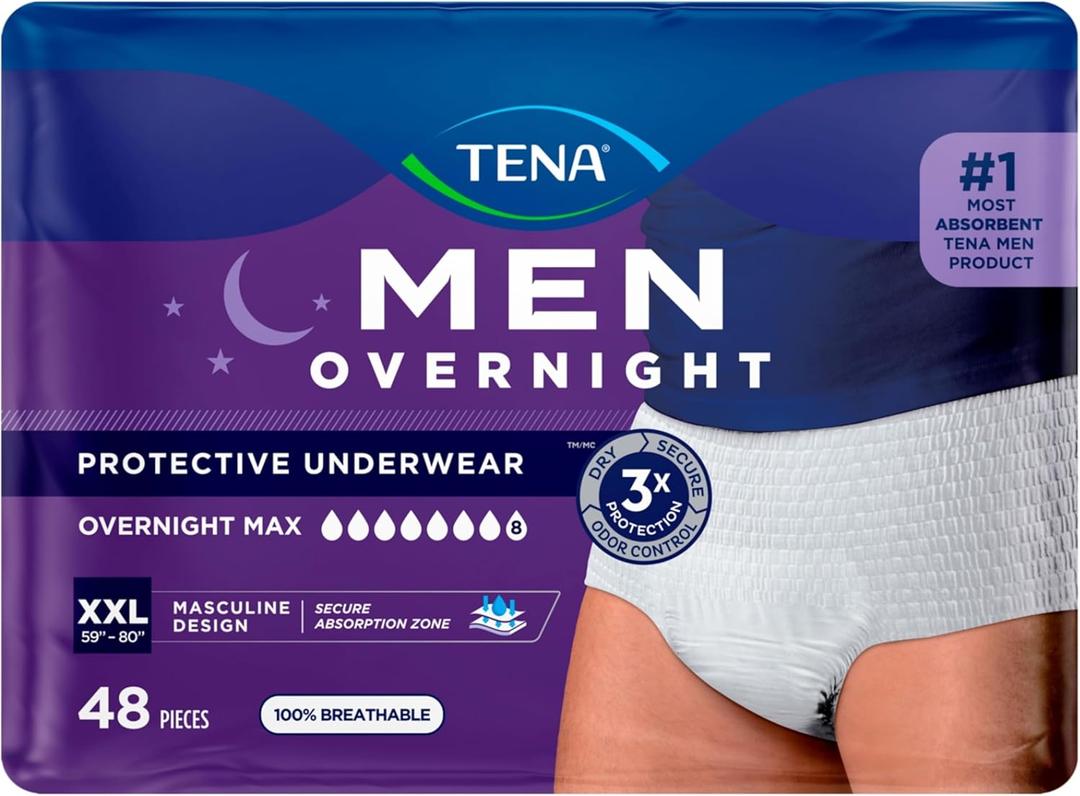 TENA Men Protective Incontinence Underwear for Men, Overnight Max Absorbency, White, XXL, 48 Count (Packaging May Vary)