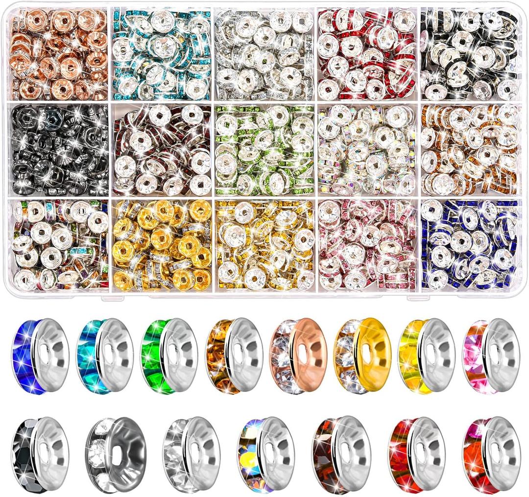 900 Pieces Rondelle Spacer Beads for Jewelry Making, 8mm Rhinestone Spacer Beads Crystal Bead Spacers for Bracelets, Focal Beads for Pen, 15 Colors