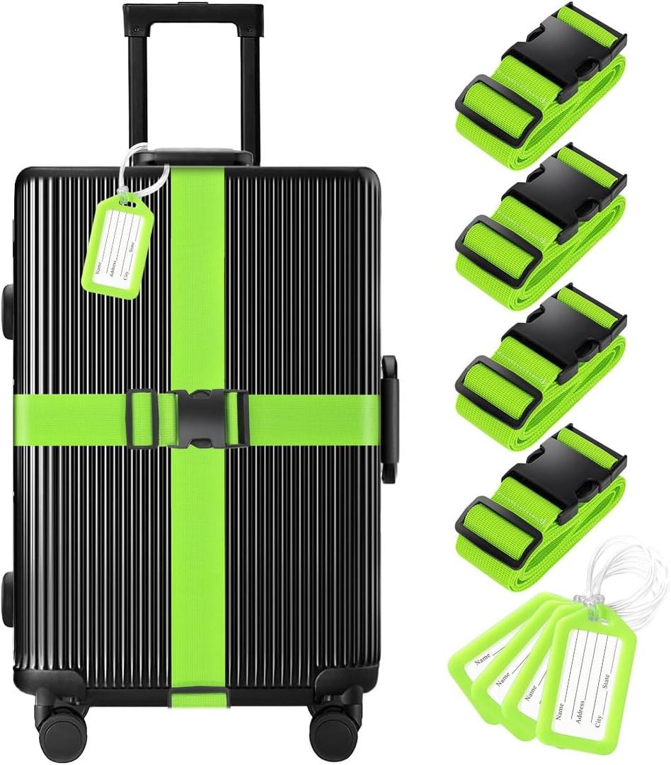 8 Pack Luggage Straps and Tags Set - 4 Straps, 4 Tags, TSA Approved Suitcase Belt, Green