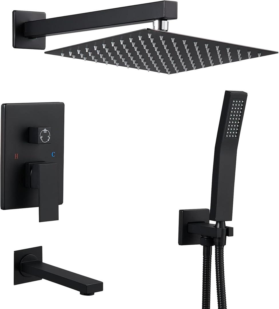 ROVOGO Bathtub Shower Faucet Set with Valve, Shower System with Tub Spout, 10-in. Rain Shower and Handheld, Square Shower Fixtures All Metal Wall Mount, Black