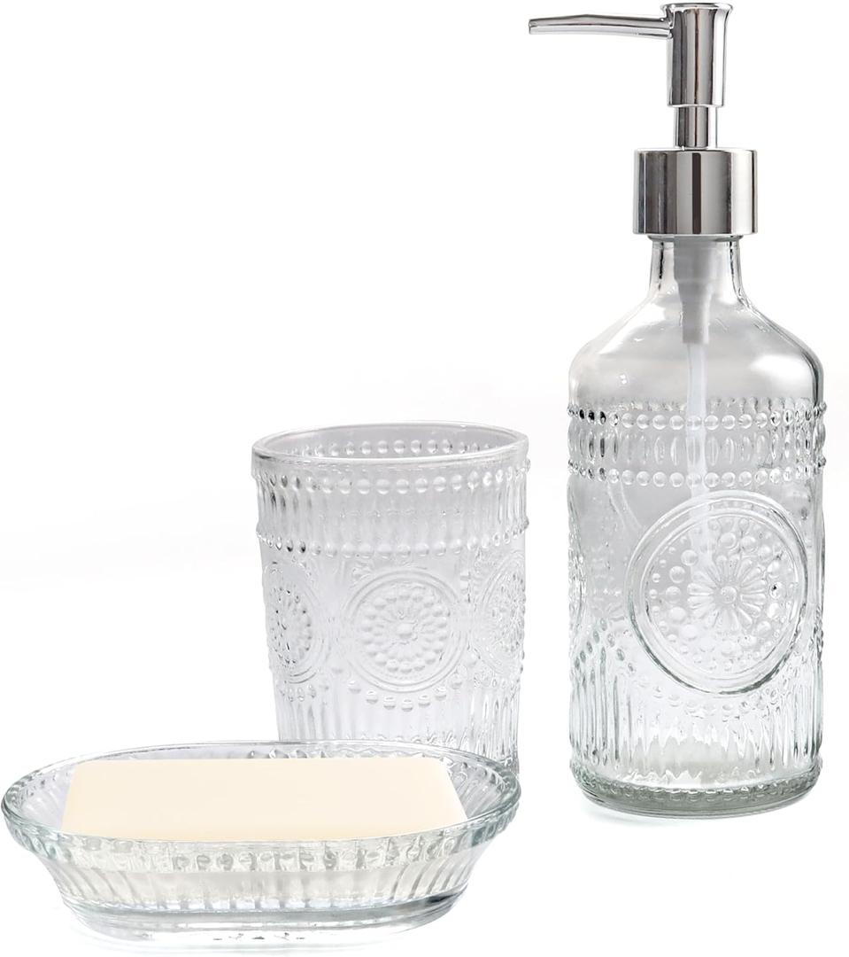 FEILANDUO 3Pcs Glass Bathroom Accessories Set, Lotion & Soap Dispenser, Toothbrush Holder, Soap Dish, Modern Bathroom Countertop Decor for Home, Housewarming Gift (Clear, 3 Pcs Bathroom Set)