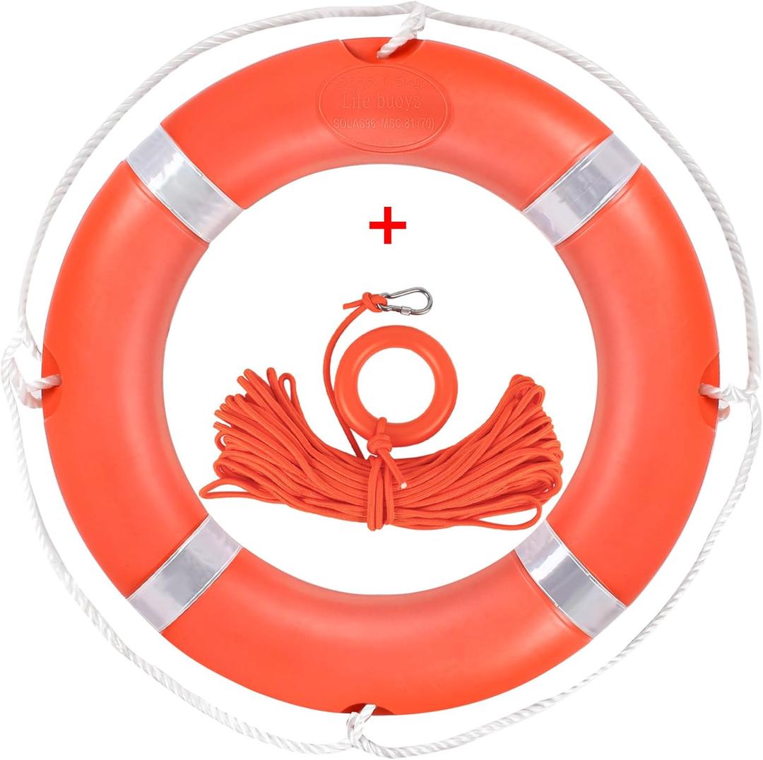Orange Boat Safety Throw Ring with Bracket - 23"/28" Life Ring Buoy with 98.5 FT Rope and Reflective Tape