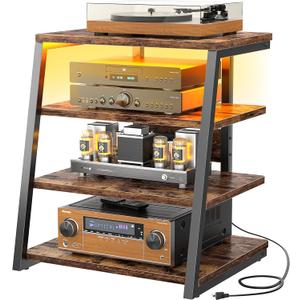 Armocity 4-Tier AV Media Stand with Power Strips, Stereo Stand with LED Lights, Audio Tower Rack with Adjustable Shelves, Small Entertainment Center, 30'', Rustic Brown