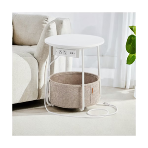 VASAGLE Side Table with Charging Station, Round End Table With Fabric Basket, with Power Outlets USB Ports Matte White and Camel Brown