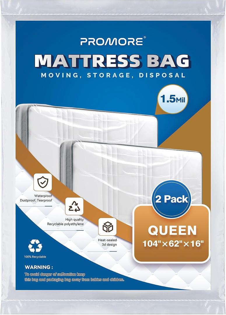 2Pcs Plastic Mattress Bag for Moving or Storage - Queen Size (1.5Mil), Waterproof Mattress Protector for Moving Supplies