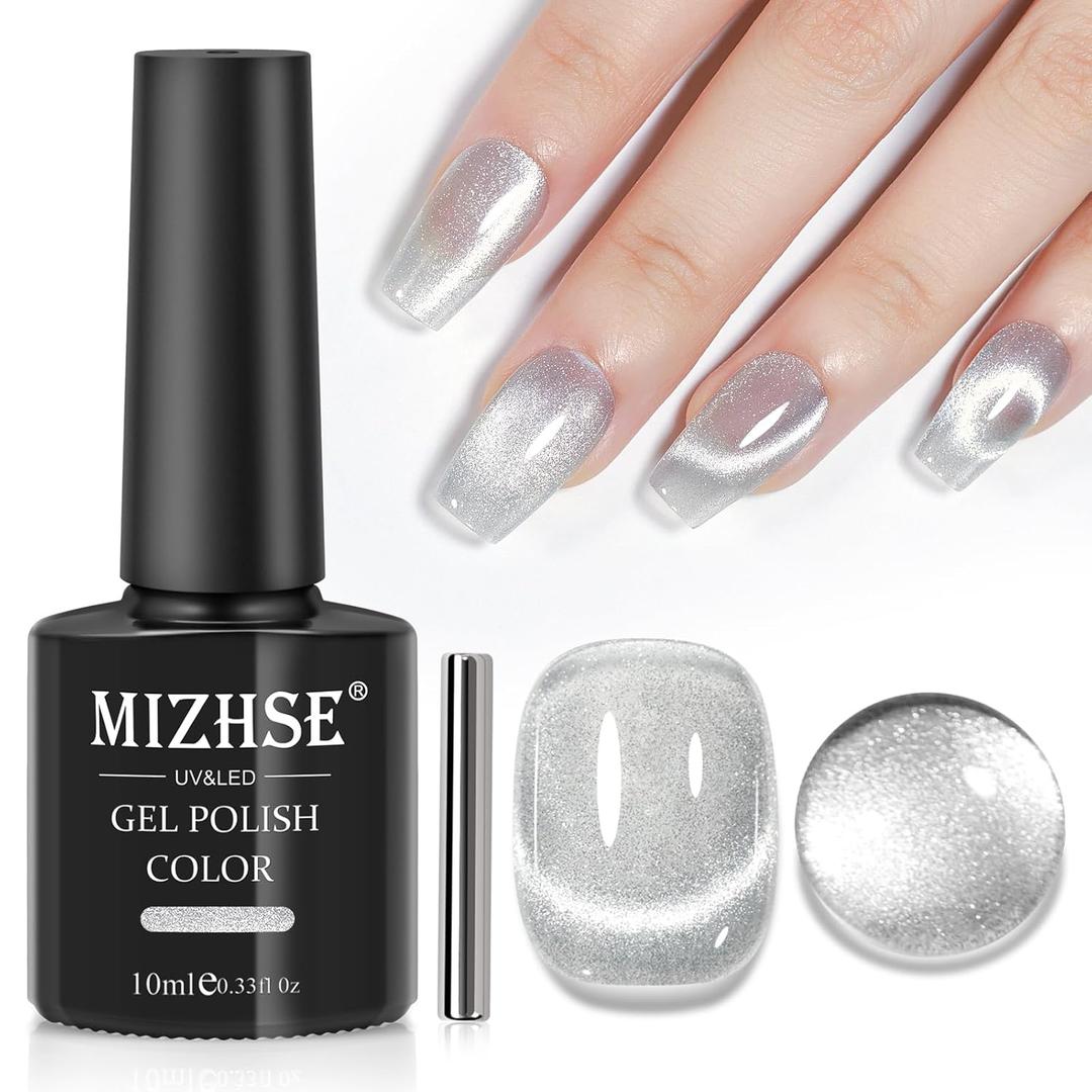 MIZHSE Universal Silver Cat Eye Gel Nail Polish, Magnetic Gel Polish with Magnet Stick, 10 ml Velvet Gray Glitter Galaxy Cateye Nail Polish Soak Off Nail Art Salon Manicure DIY at Home