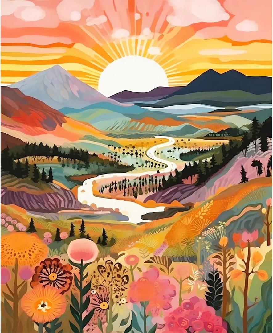 DUWQU 1 Piece Colorful Watercolor Mountain Canvas Wall Art Boho Floral Painting Picture Wall Decor Abstract Nature Landscape Poster Print Artwork for Living Room Bedroom Office 12x16 Inch Wood Frames