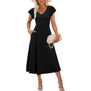 SAMPEEL Summer Dresses for Women 2025 Midi Maxi Dress Elegant Classy Ruffle Sleeve Tie Back Scoop Neck (Black)