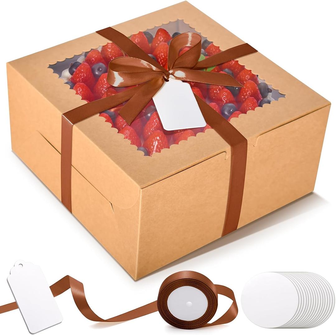 32Pcs 10 Inch Cake Boxes with Cake Boards (16Pcs Brown Cake Boxes, 16Pcs Cake Boards), 10x10x5 Inch Bakery Boxes with Window, Cake Carrier Container for Birthday Party, Wedding