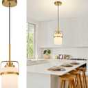 Modern Brass Pendant Lights Kitchen Island Light, Adjustable Hanging Light Fixture with Milk Glass Shade, Farmhouse Pendant Light for Dining Room Bar Over Sink/Table/Counter, 1 Pack