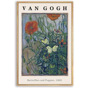 Vincent Van Gogh Framed Wall Art Print Butterflies And Poppies Flowers by Van Gogh Canvas Prints Painting Reproduction for Living Room Bedroom Kitchen Office Home Decor 12"x16" Natural Framed