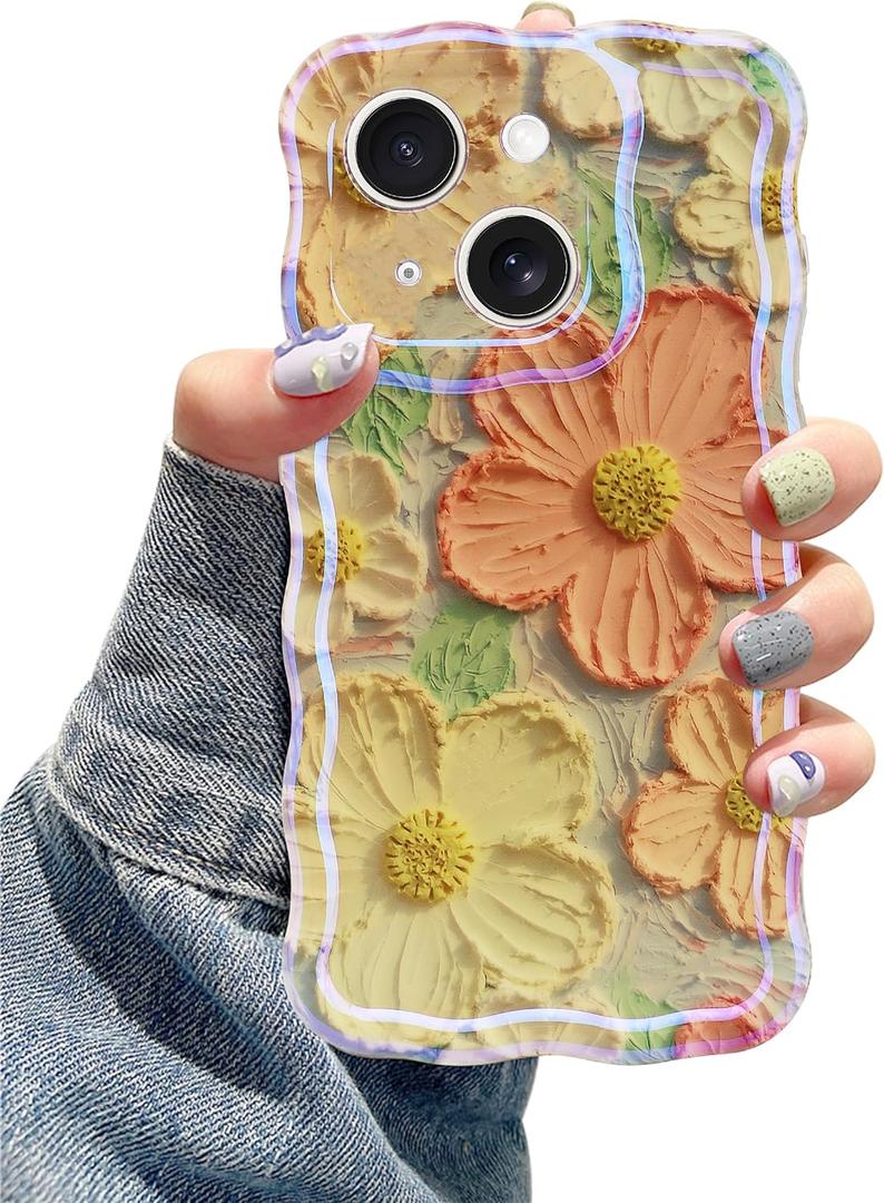 Jusy Compatible with iPhone 14 Plus/15 Plus, Colorful Retro Oil Painting Printed Flower Laser Glossy Pattern Cute Curly Wave Phone Case Soft TPU Cover for Girly Women - Orange Yellow