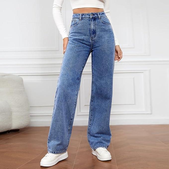 Women's High Waist Wide Leg Denim Jeans Light Wash Casual Straight Leg Jeans Soft Stretch Daily Wear Flattering Silhouette (Blue, XL)