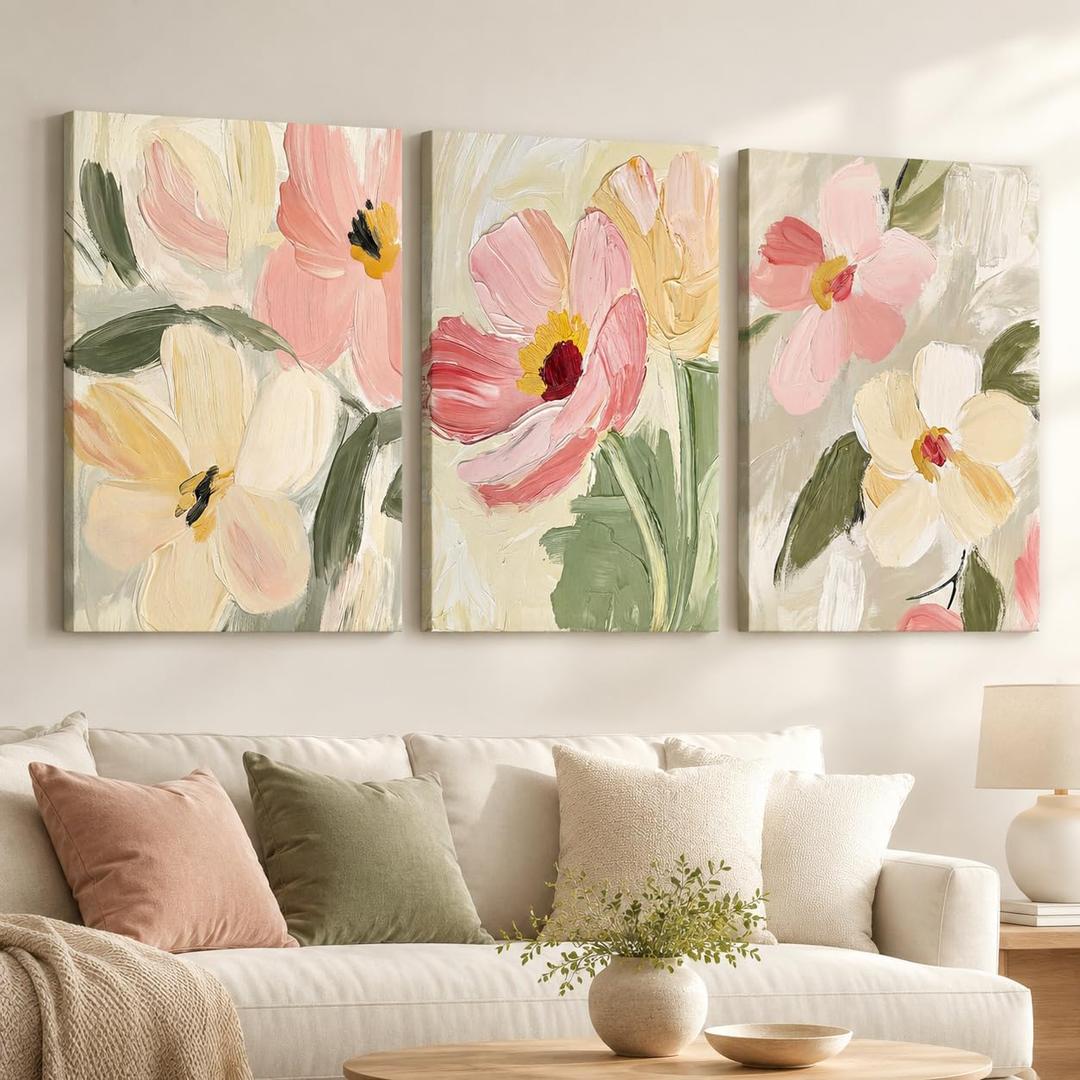 3 Pcs Abstract Floral Canvas Wall Art,Pink Flowers Picture Wall Decor, 24"L x 16"W