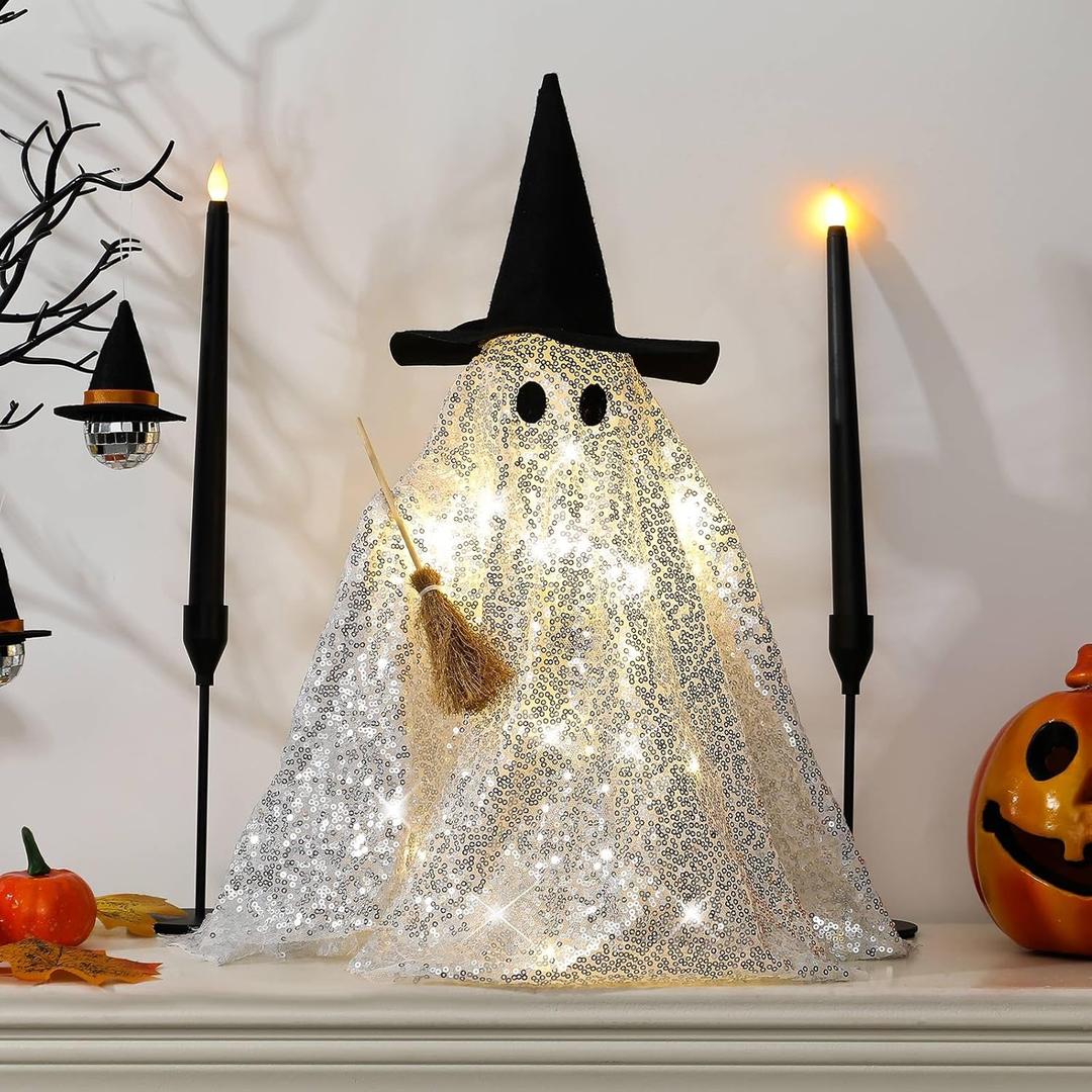 Leinuosen Light Up Disco Ghosts Halloween Decorations Indoor Spooky Ghosts with String Lights Witch Hats Broom Halloween Table Decor for Home Party Table Mantel Room Kitchen Haunted House(Sequin)