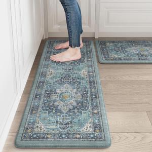 LEEVAN Blue Anti Fatigue Mats for Kitchen Floor 2 Piece,Memory Foam Cushioned Kitchen Mats for Floor,Non Slip Waterproof Ergonomic Boho Standing Mat for Sink,Laundry,Home,Office(17''x29''+17''x47'')