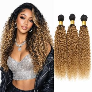Jerry Curly Human Hair Bundles T1B/27 Ombre Honey Blonde 10 12 14 Inch Brazilian Virgin Remy 3 Bundles 2 Tone Black to Honey Blonde Hair Extensions