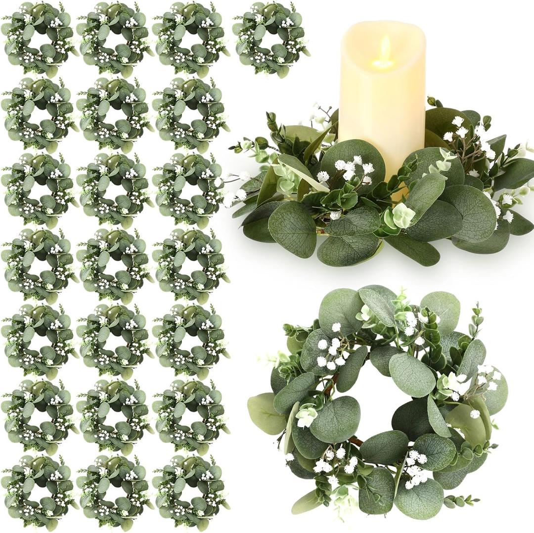 Zeyune 24 Pcs Artificial Eucalyptus Candle Rings Bulk Greenery Leaves Wreath Floral Candle Pillar Holder Garland Baby's Breath Candleholder Gift for Wedding Table Decorations Bridal Shower(Classic)