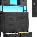 Black Dresser with Multiple Fabric Drawers, Dresser for Bedroom with Charging Station and LED Lights,Dressers & Chests of Drawers for Bedroom, Steel Frame & Wooden Top, Entryway