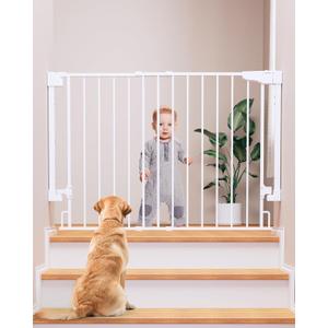Cumbor 29.243" Baby Gate for Stairs, Wall-Mounted (Drill Required), Expandable No Bottom Bar Dog Gate, Auto Close Extra Wide Walk Thru, Pet & Toddler Proof Gate, Top & Bottom of Stairways (White)