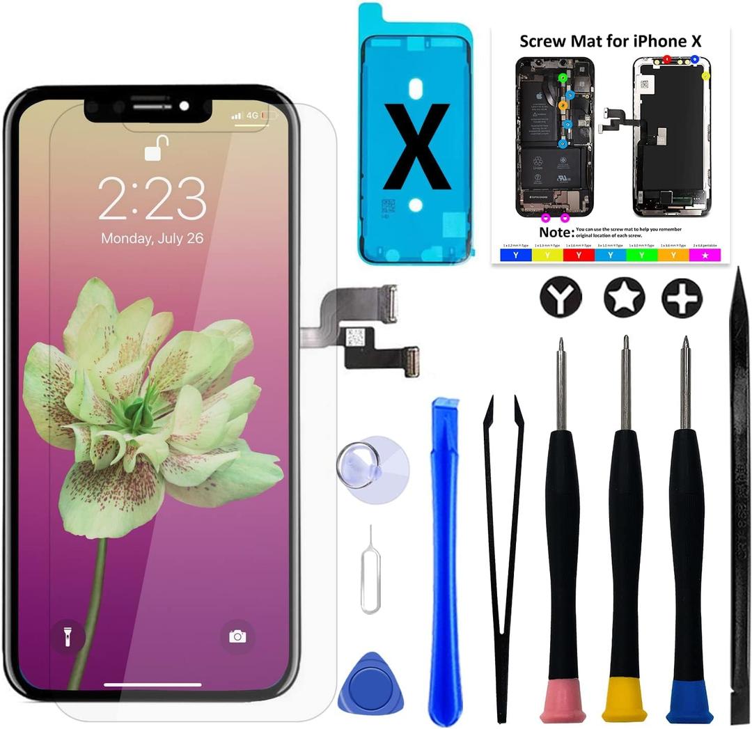 Brinonac for iPhone X Screen Replacement Kit, 5.8" Full HD Retina LCD Display COF Touch Screen Digitizer Assembly Set with Repair Tools, Waterproof Adhesive, Tempered Glass