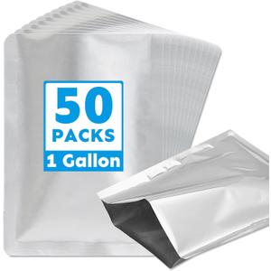 50 PCS 1 Gallon Mylar Bags for Food Storage,10" x 14" Resealable Heat Seal Flat Pouches for Long Term Food Storage,Dried Food,Coffee Beans,Tea,Grains,BPA Free(No Zipper,Flat Bottom)