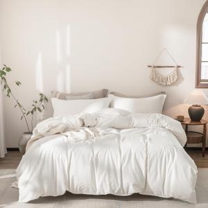 Off White Duvet Cover Queen Size 100% Washed Cotton Bedding Set Cover 1 Duvet Cover Zipper Closure and 2 Pillowcases, 90inch x 90inch