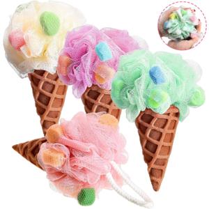  4 Pieces Kids Loofah Ice Cream Cone Bath Sponge Kids Bath Shower Sponge Body Scrubber Exfoliating Loofah for Spa Shower 